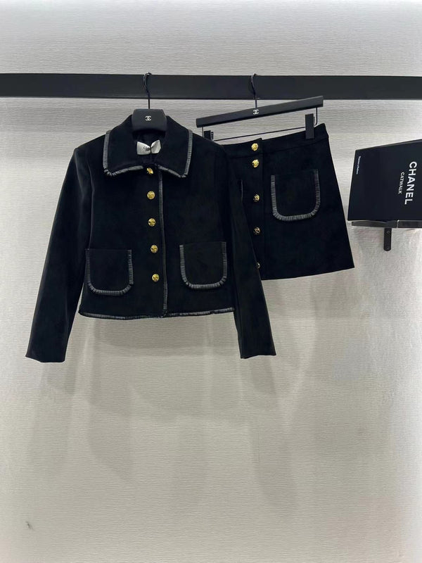 Celine Straight Blouson Jacket and Skirt in Black Suede