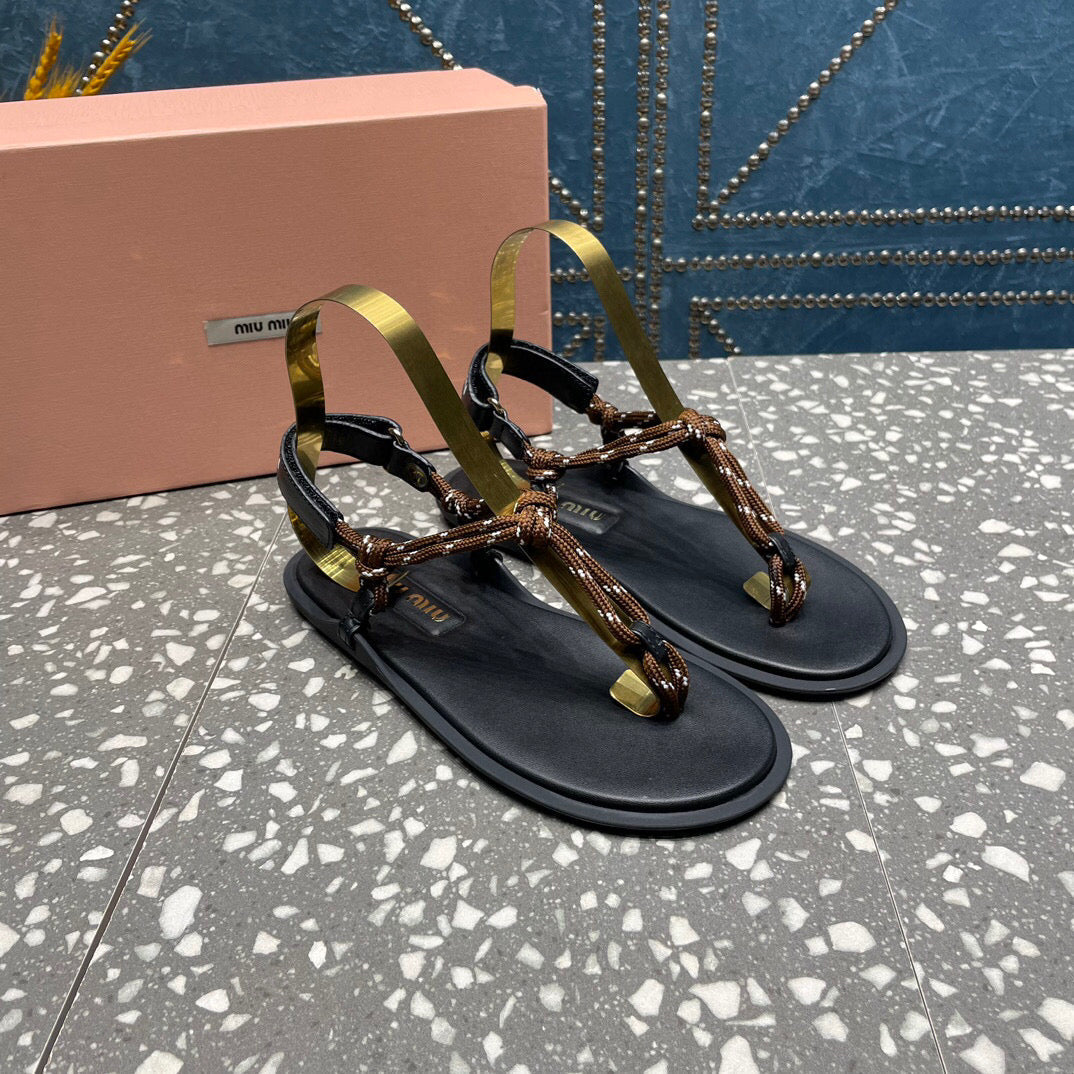miu riviere cord & leather brown sandal