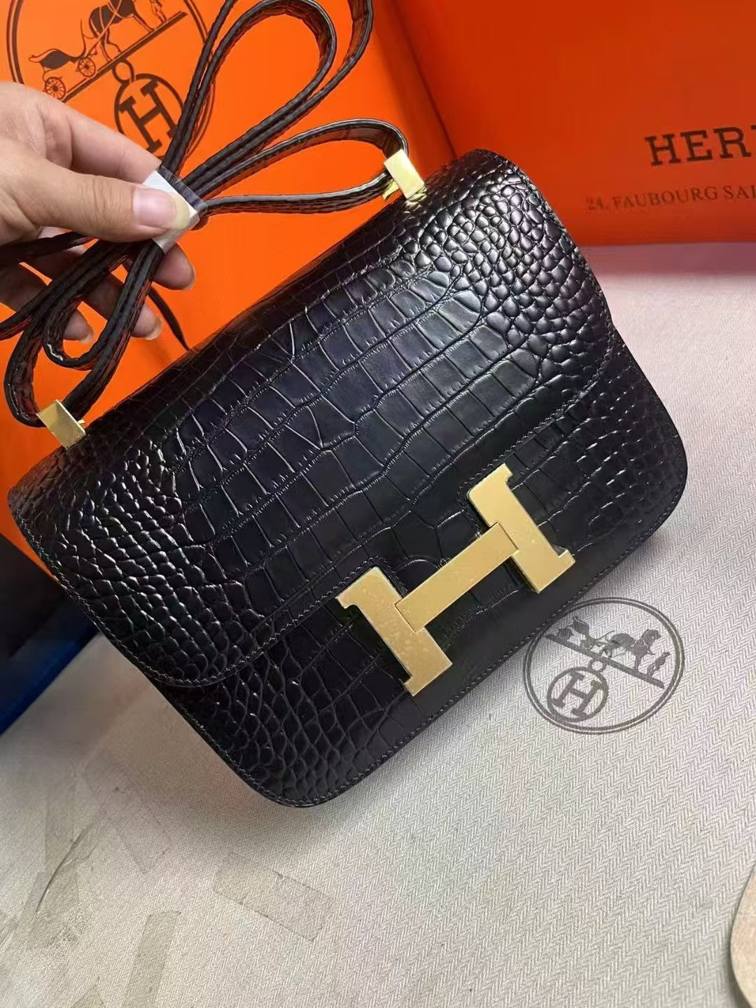 constance 24 black croc leather gold hardware