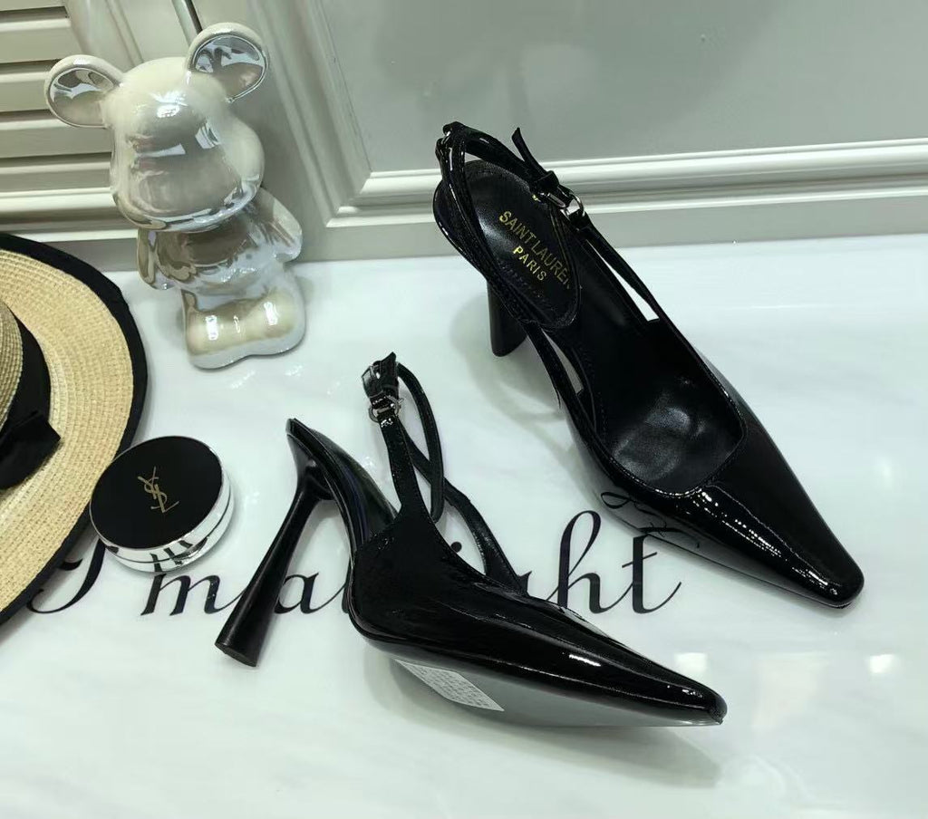 SL SLINGBACK PUMPS 100MM IN BLACK CALFSKIN PATENT LEATHER