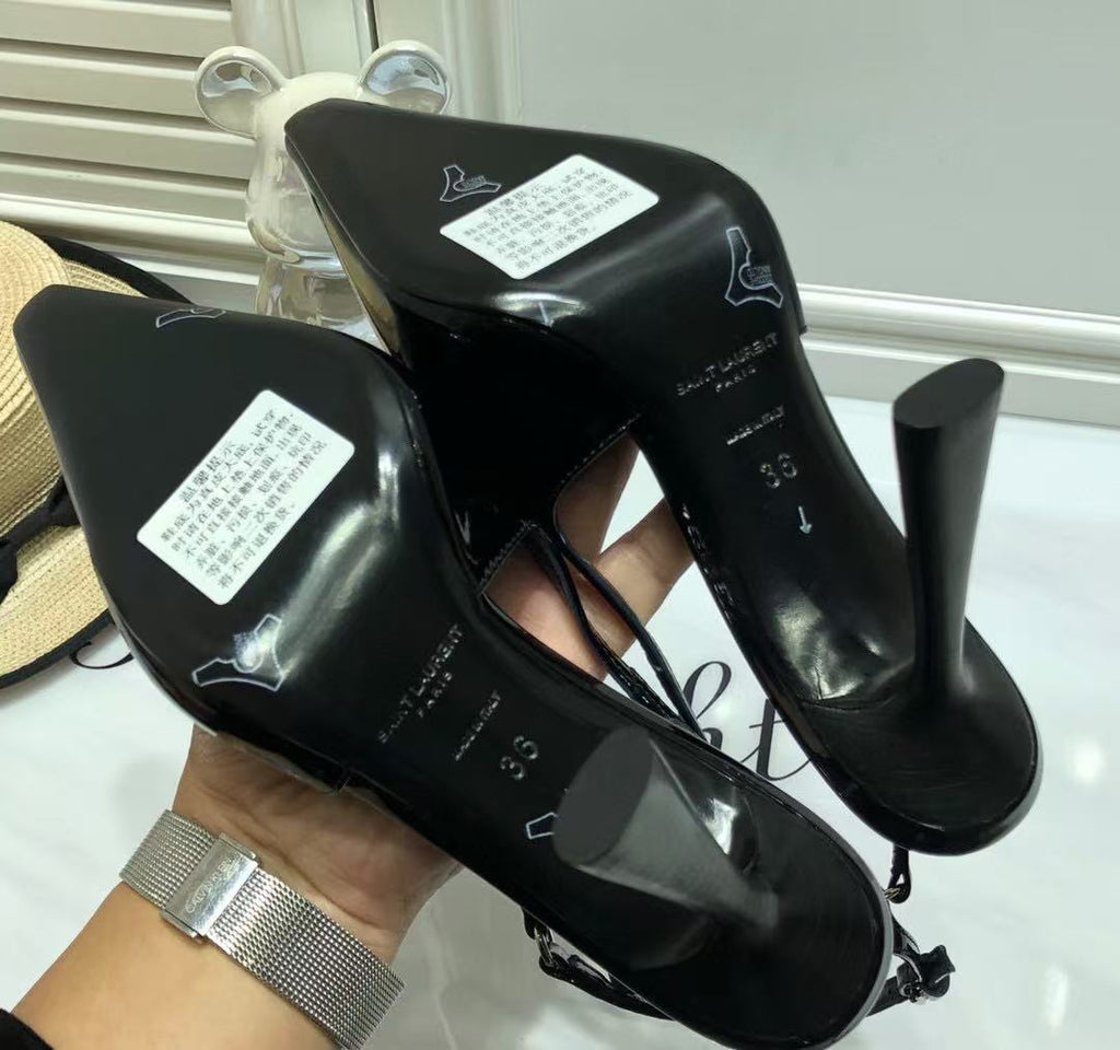 SL SLINGBACK PUMPS 100MM IN BLACK CALFSKIN PATENT LEATHER