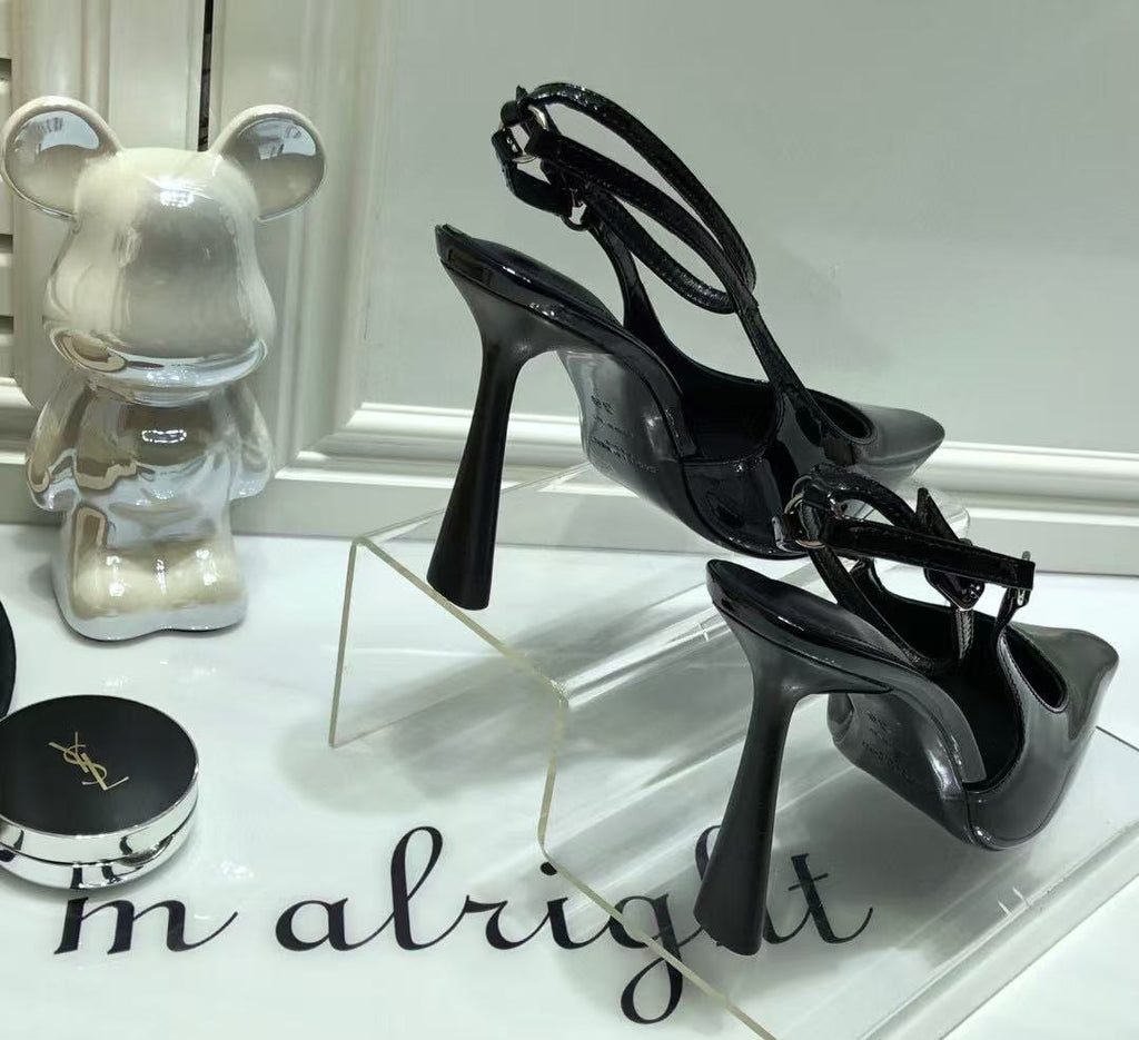 SL SLINGBACK PUMPS 100MM IN BLACK CALFSKIN PATENT LEATHER