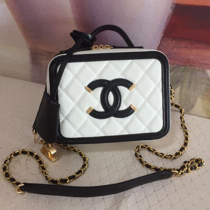 CC Filigree Vanity Case Bag Black White Quilted Caviar Leather