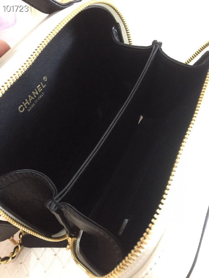 CC Filigree Vanity Case Bag Black White Quilted Caviar Leather