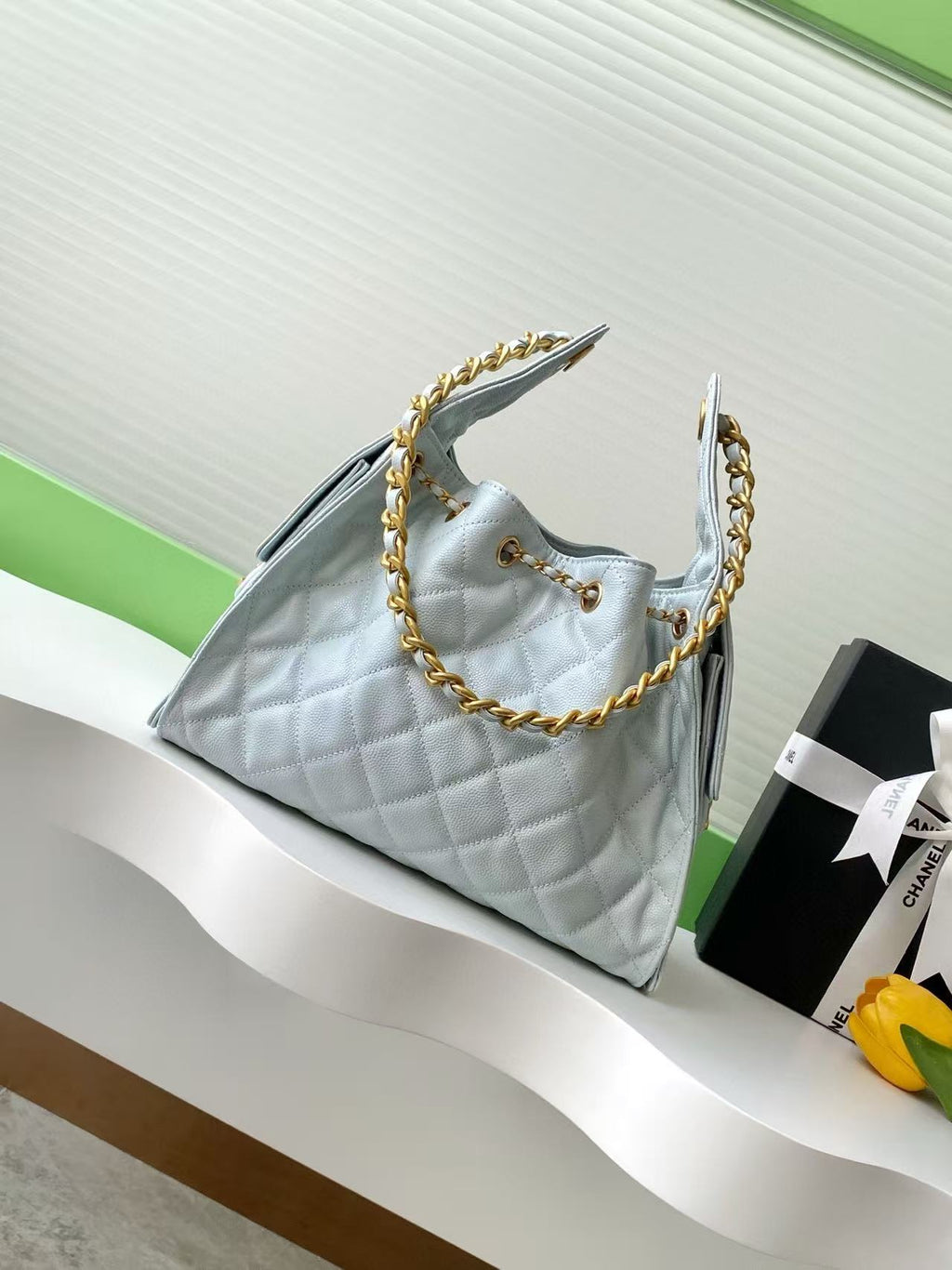 CC 25C Hobo Bag 30cm Light Blue Grained Calfskin