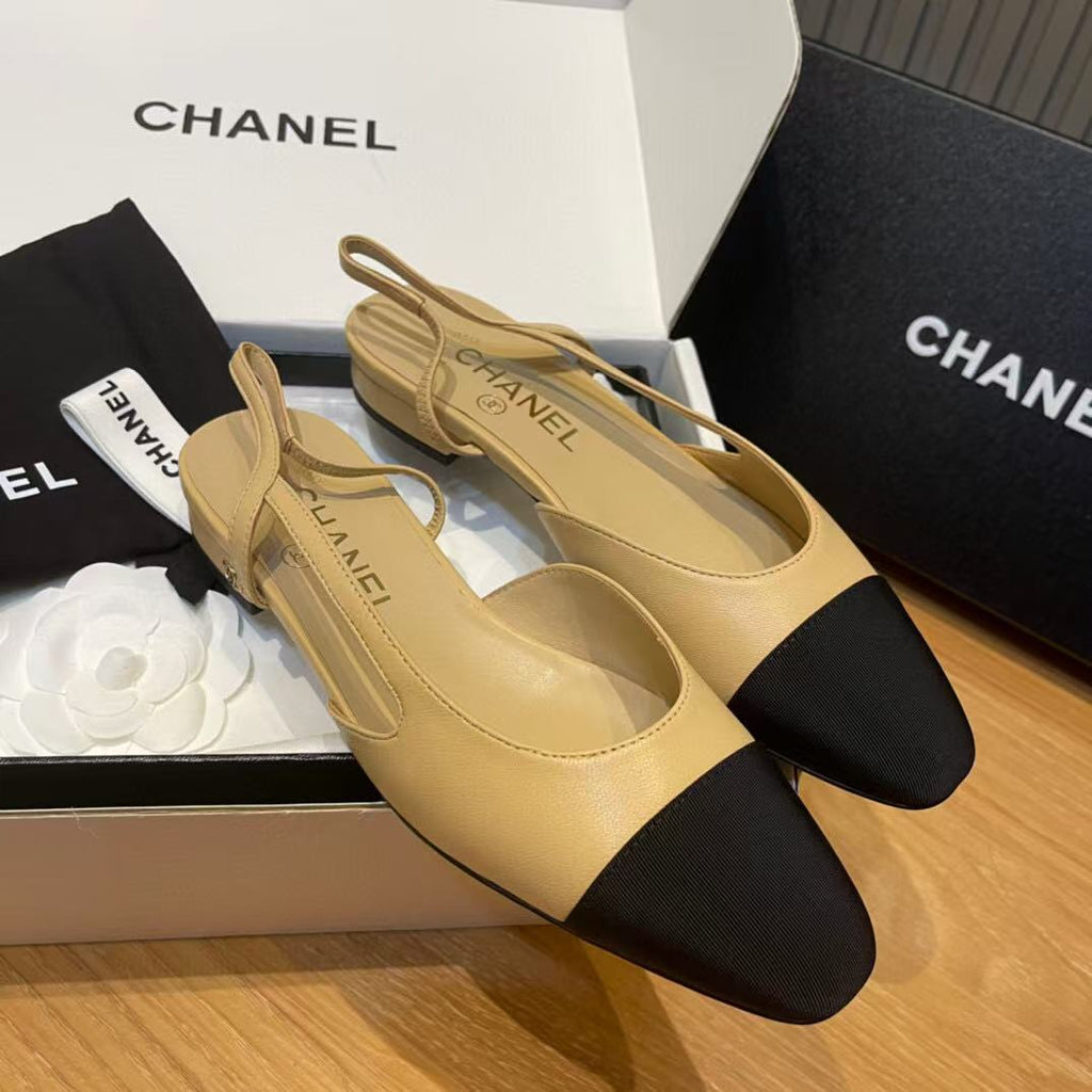 slingbacks flat beige goatskin black grosgrain