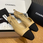 slingbacks flat beige goatskin black grosgrain