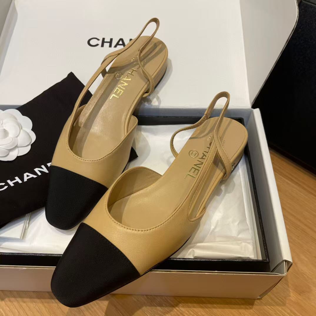 slingbacks flat beige goatskin black grosgrain