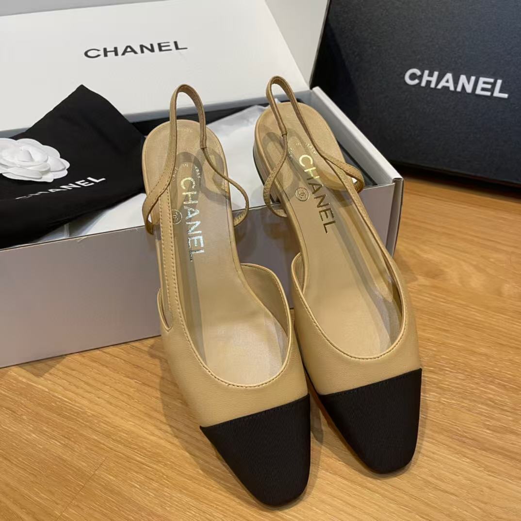 slingbacks flat beige goatskin black grosgrain