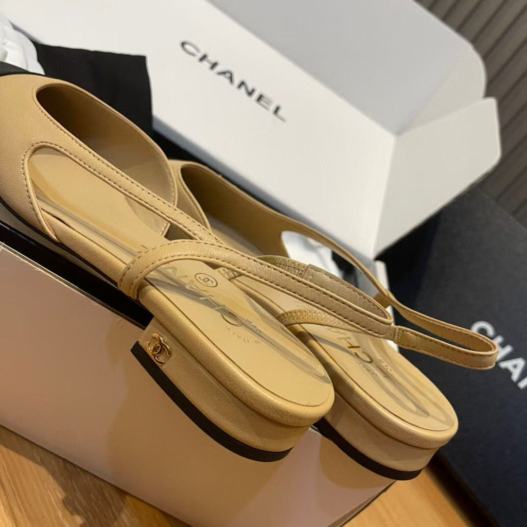 slingbacks flat beige goatskin black grosgrain