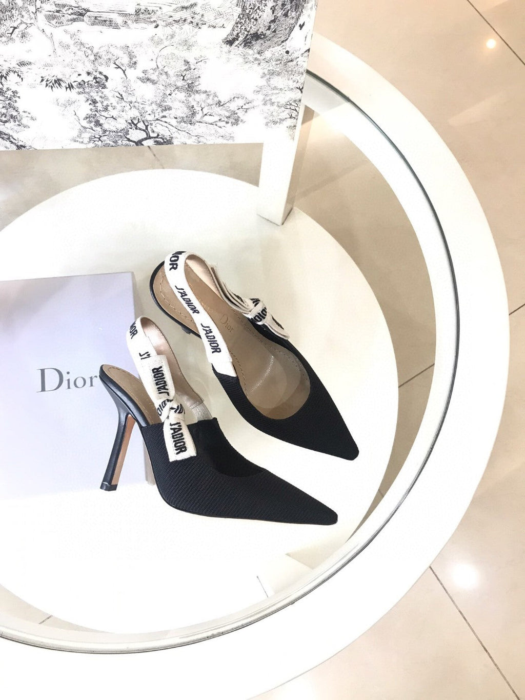 CD Slingback Pump Black Technical Fabric Beige Calfskin