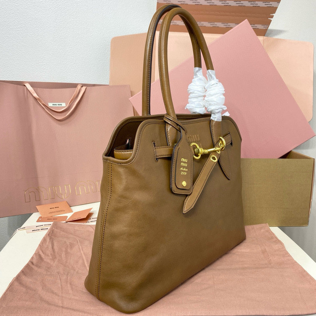Miu Tote Bag 40 Brown Aventure Nappa Leather