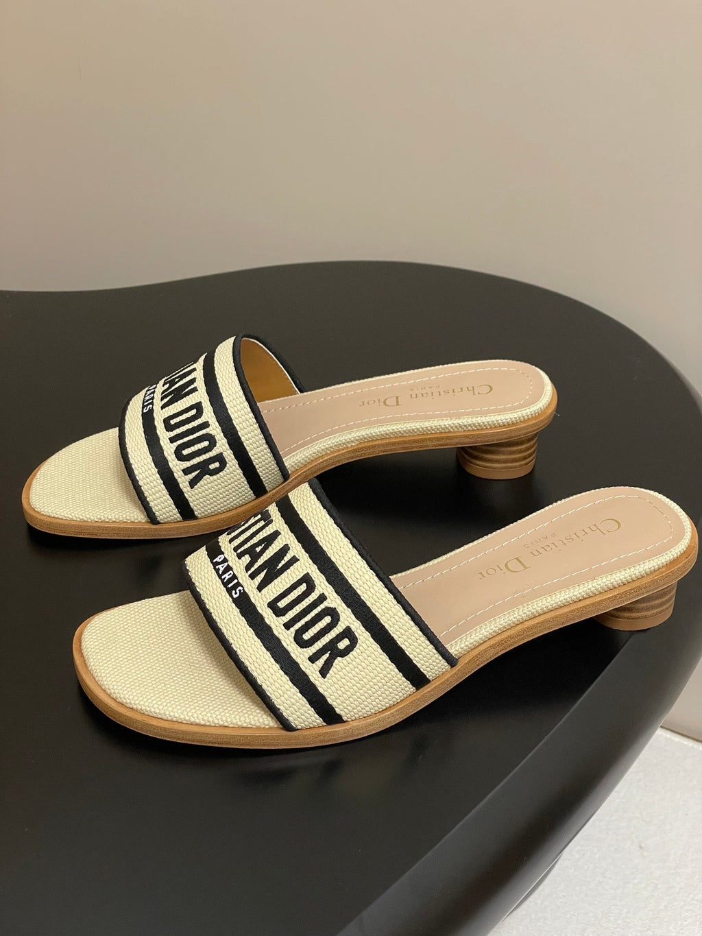 CD Dway Heeled Slide 35mm Natural Raffia and Deep Blue Embroidered Cotton