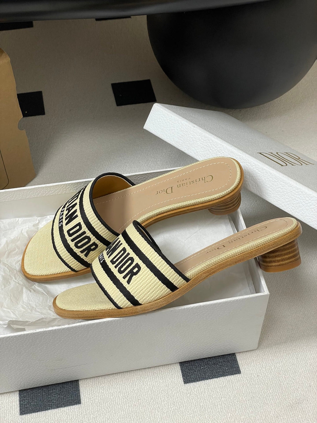 CD Dway Heeled Slide 35mm Natural Raffia and Deep Blue Embroidered Cotton