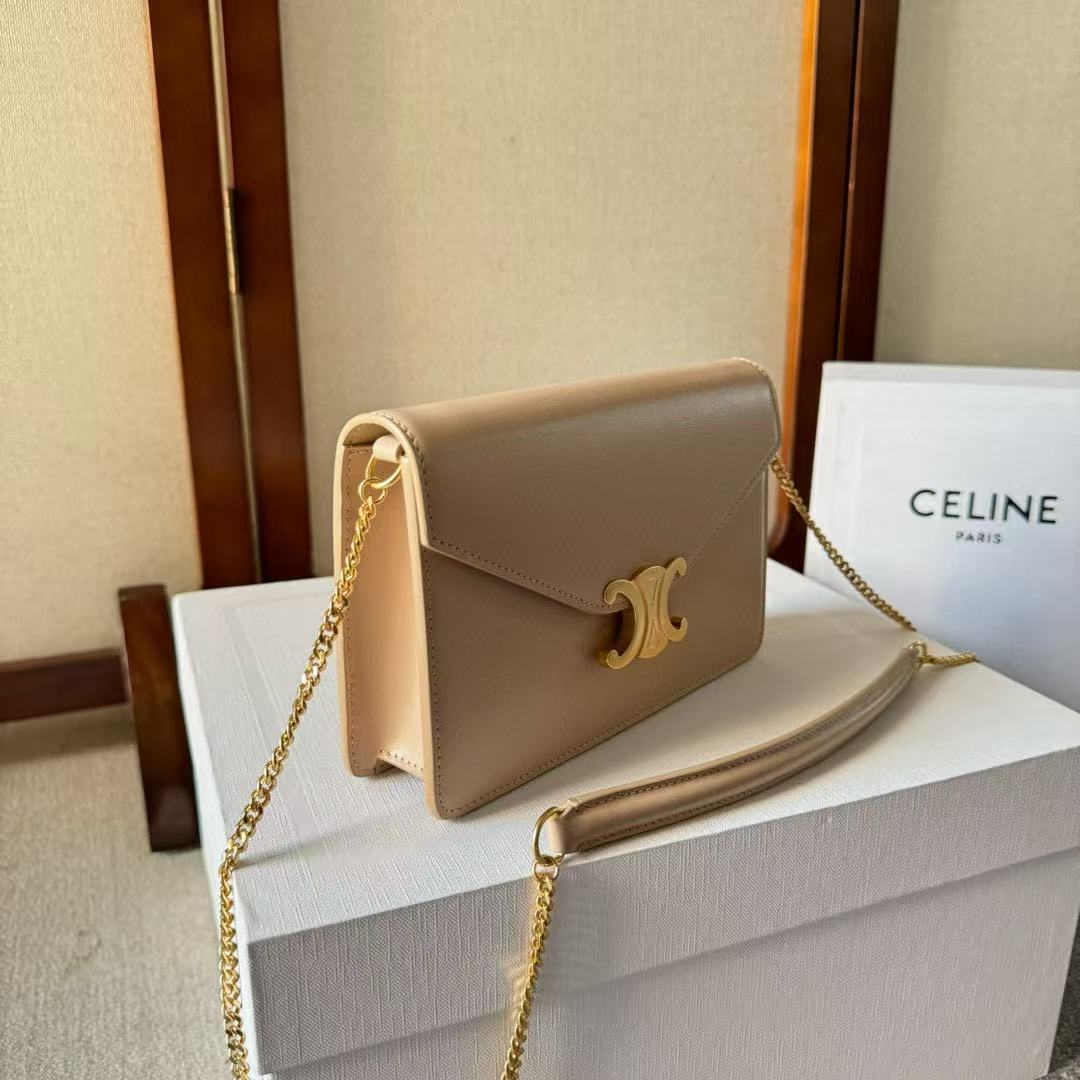 Celine Cuir Triomphe Logo-Printed Bag Beige Gold Cowhide