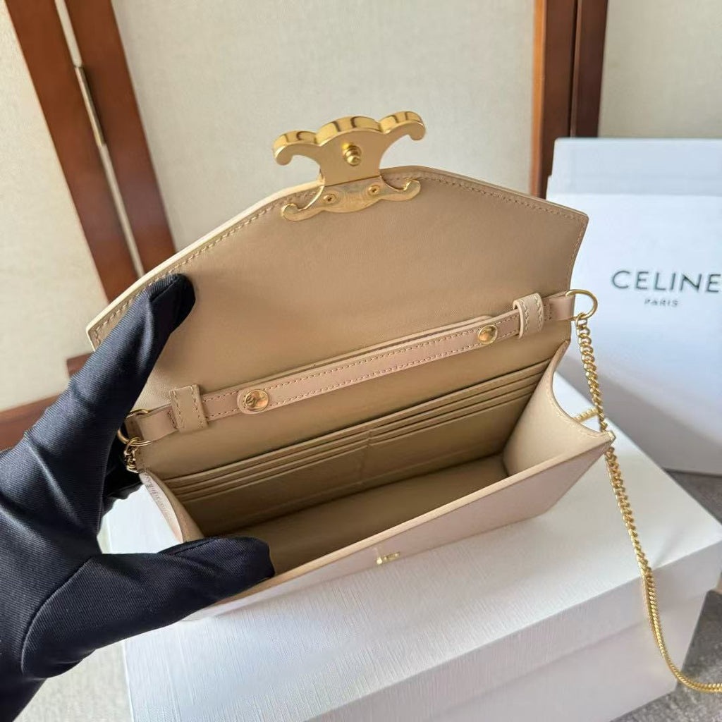 Celine Cuir Triomphe Logo-Printed Bag Beige Gold Cowhide