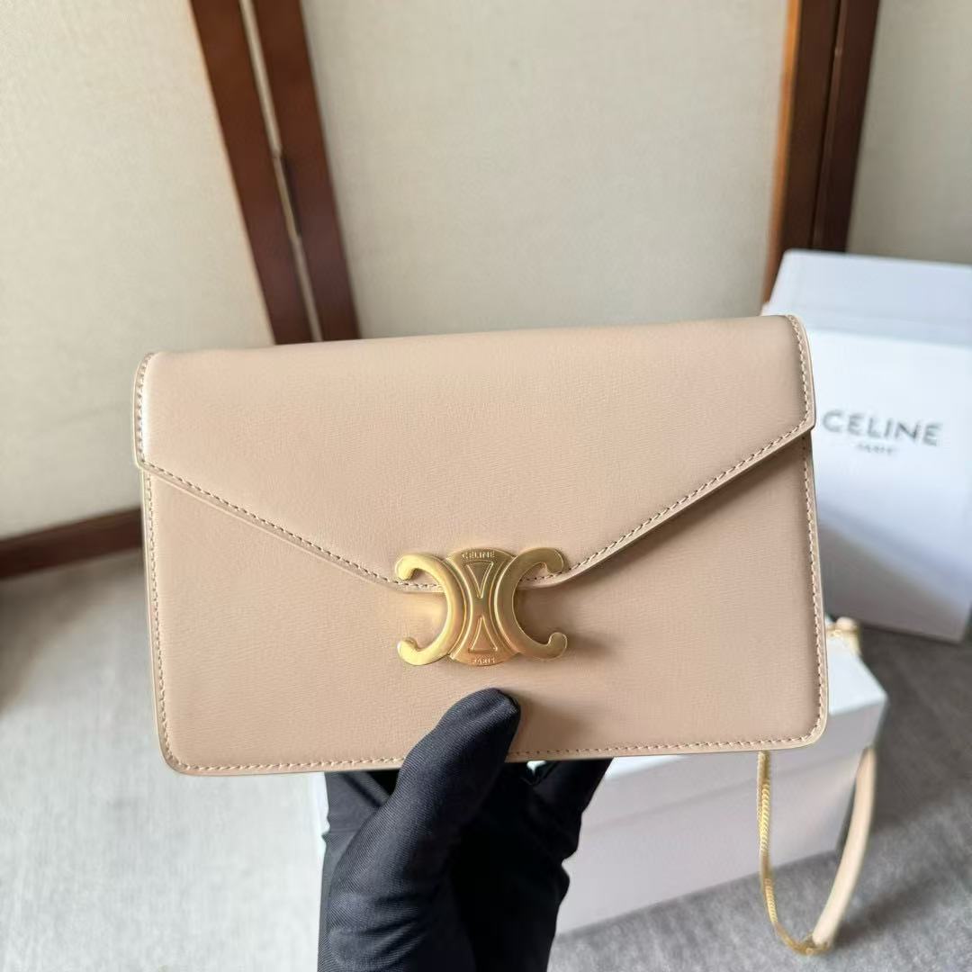 Celine Cuir Triomphe Logo-Printed Bag Beige Gold Cowhide