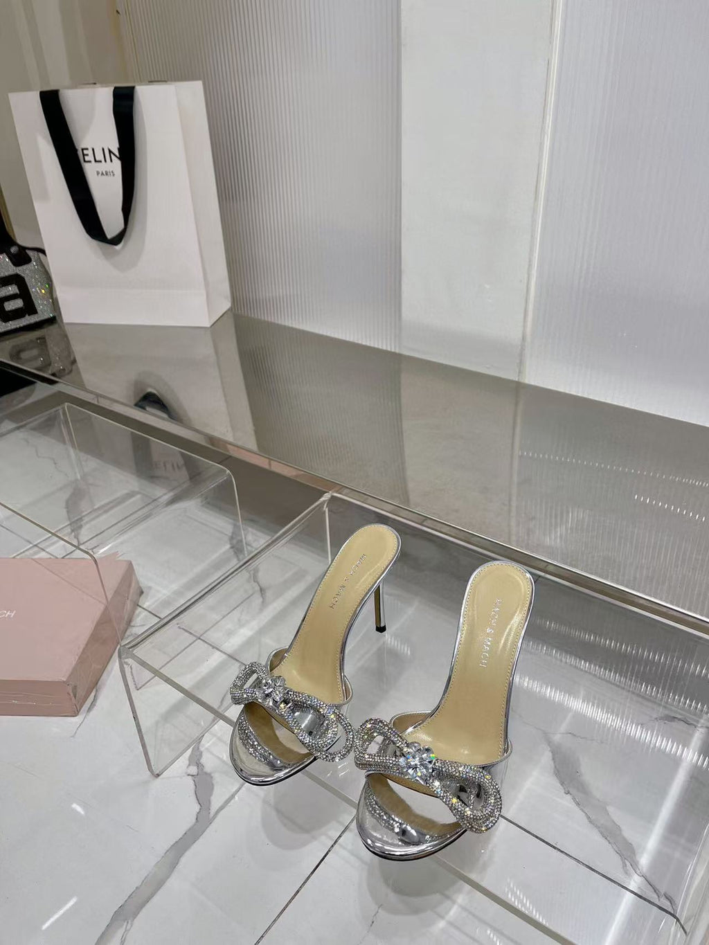 Mach & Mach Double Bow Metallic Mules 65mm Silver calfskin