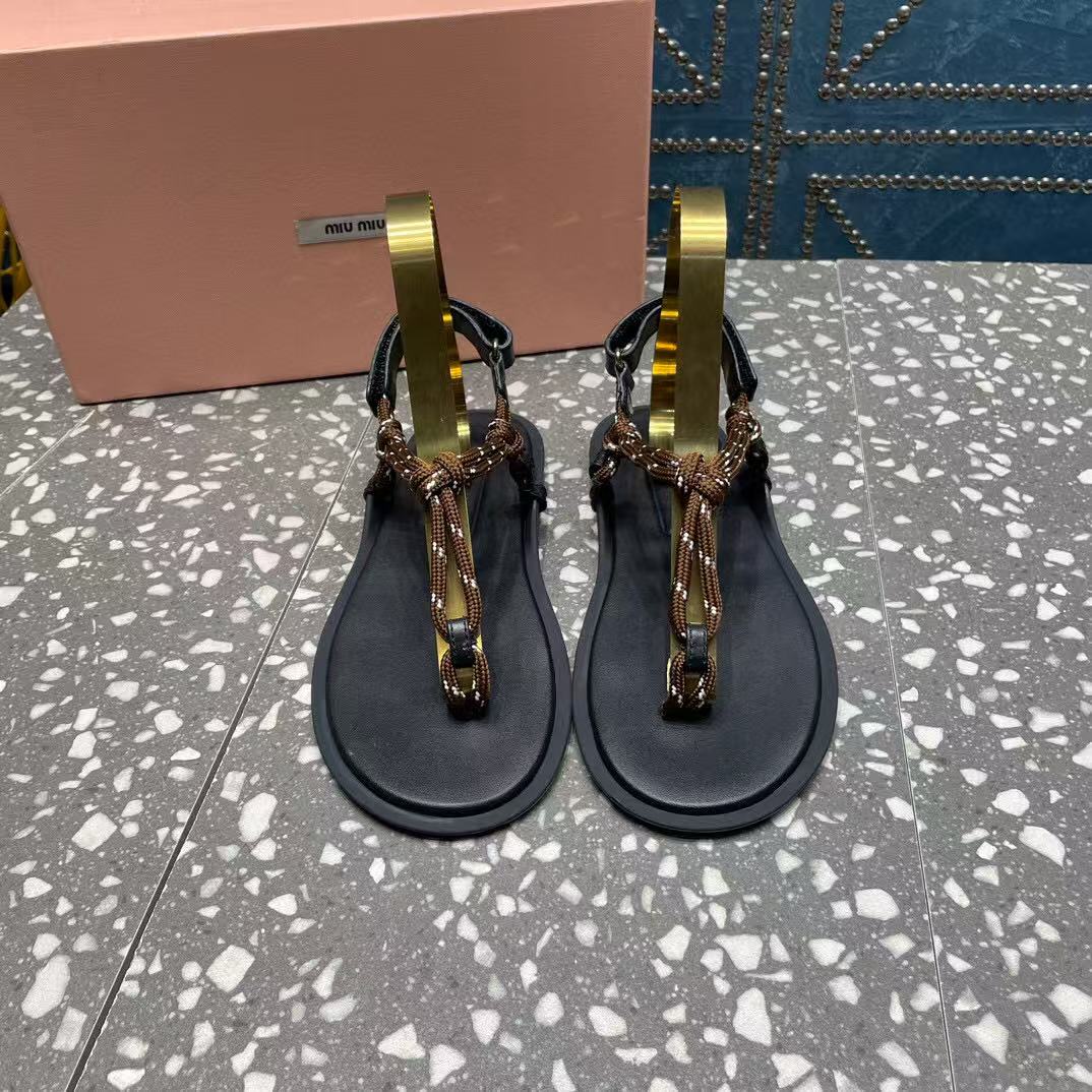 miu riviere cord & leather brown sandal