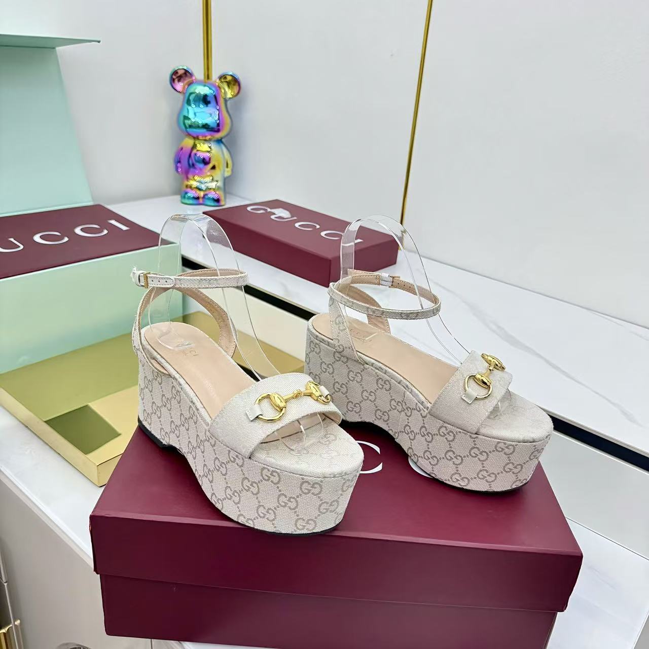 GG Lady Horsebit 75mm Wedge Sandals Beige Canvas