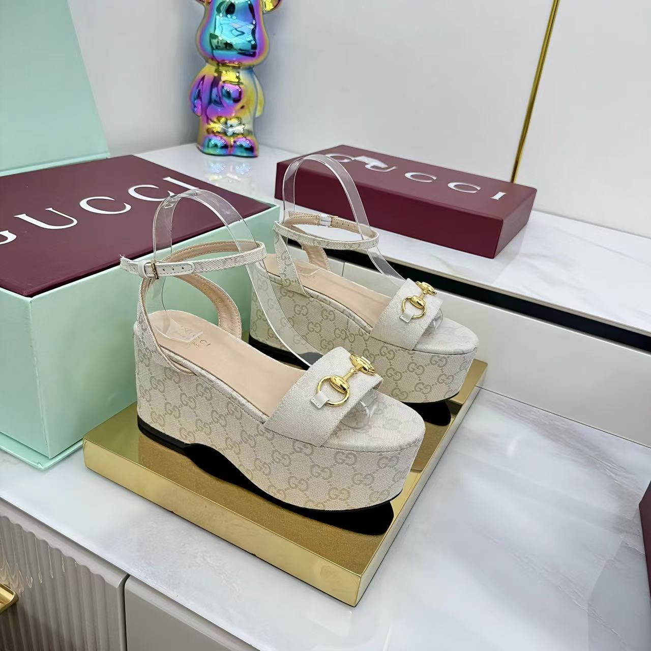 GG Lady Horsebit 75mm Wedge Sandals Beige Canvas