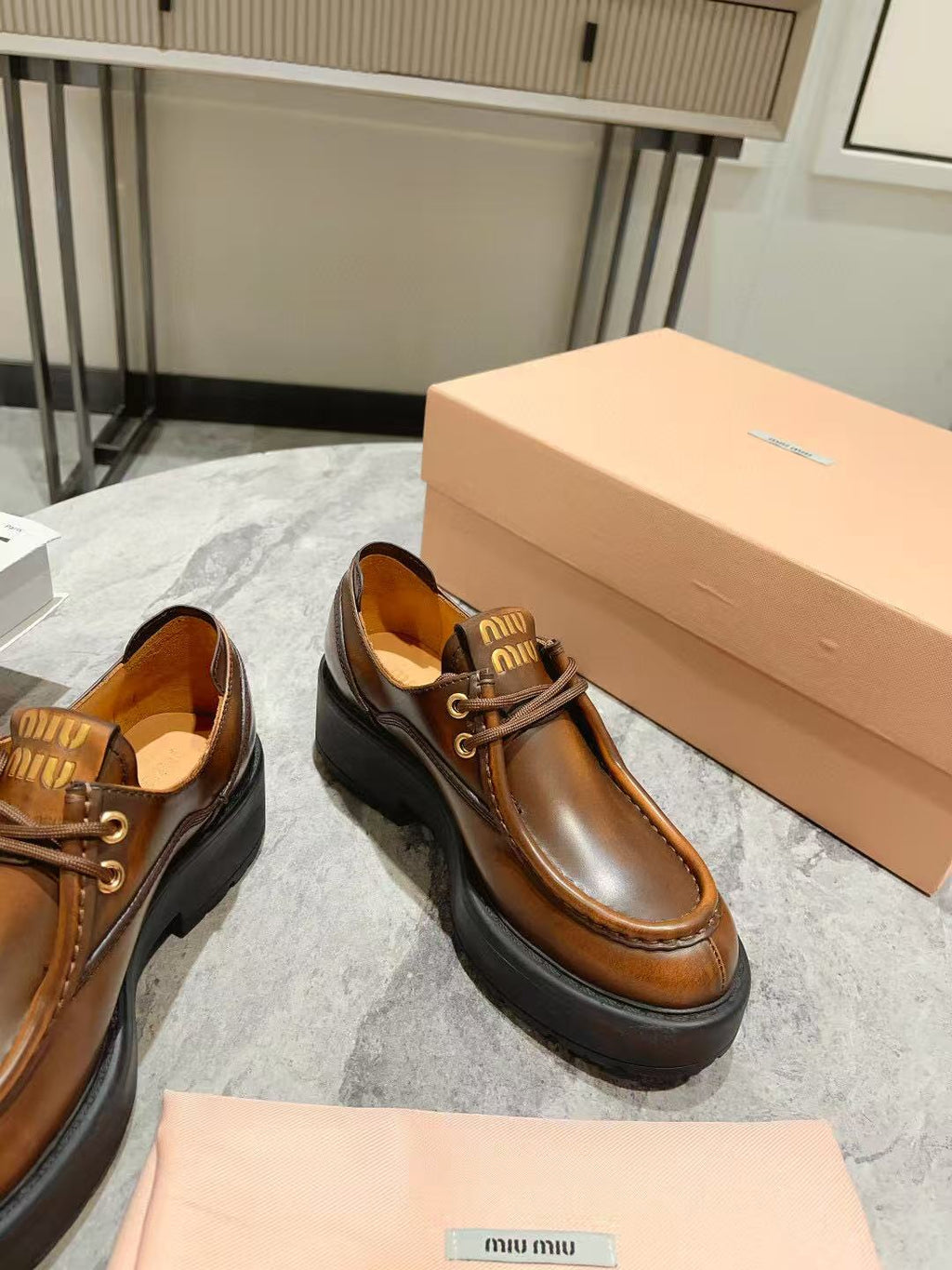 Miu Laced Fumé Sienna Cowhide Loafers