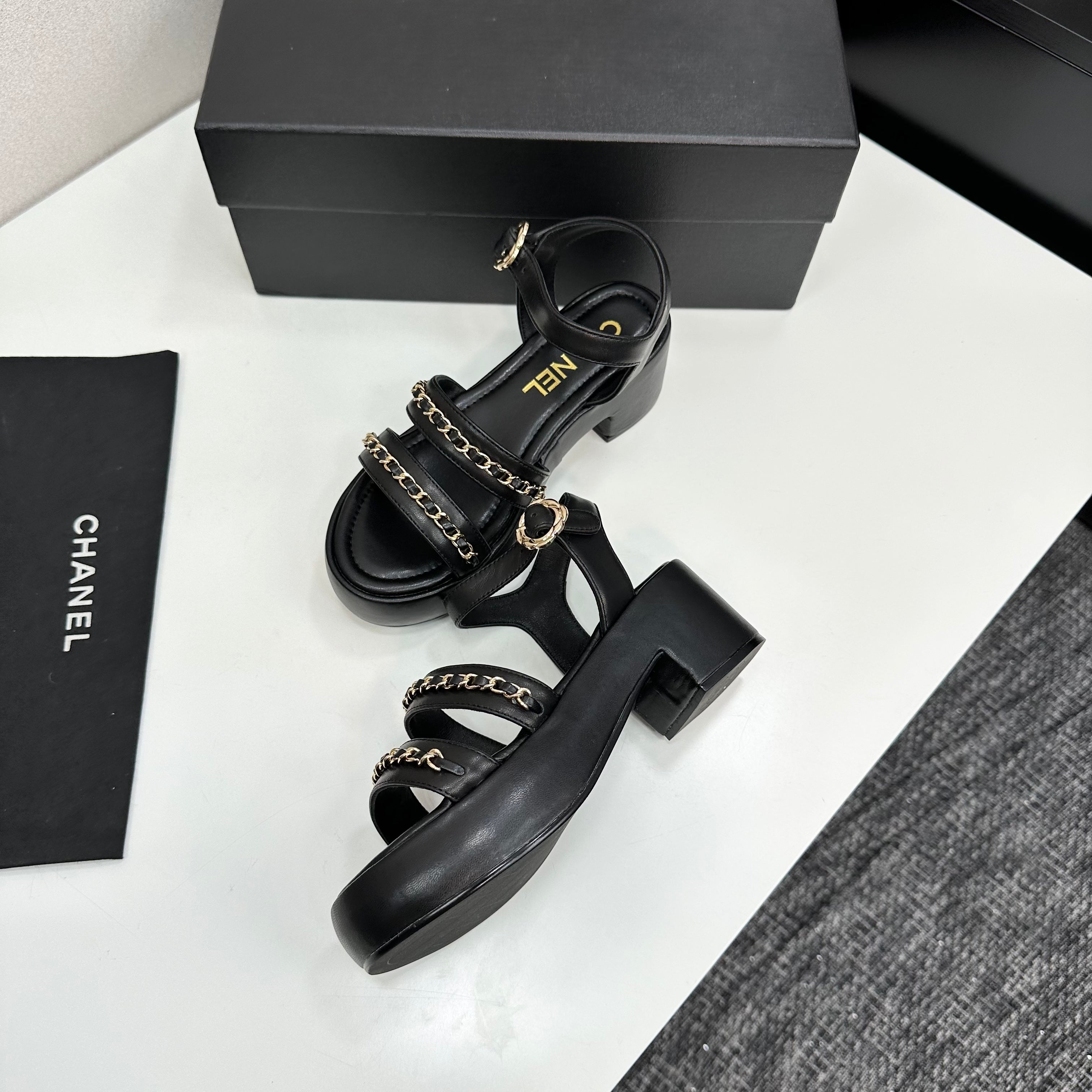 CC 25FW Platform Sandals 6cm Heel Black Calfskin