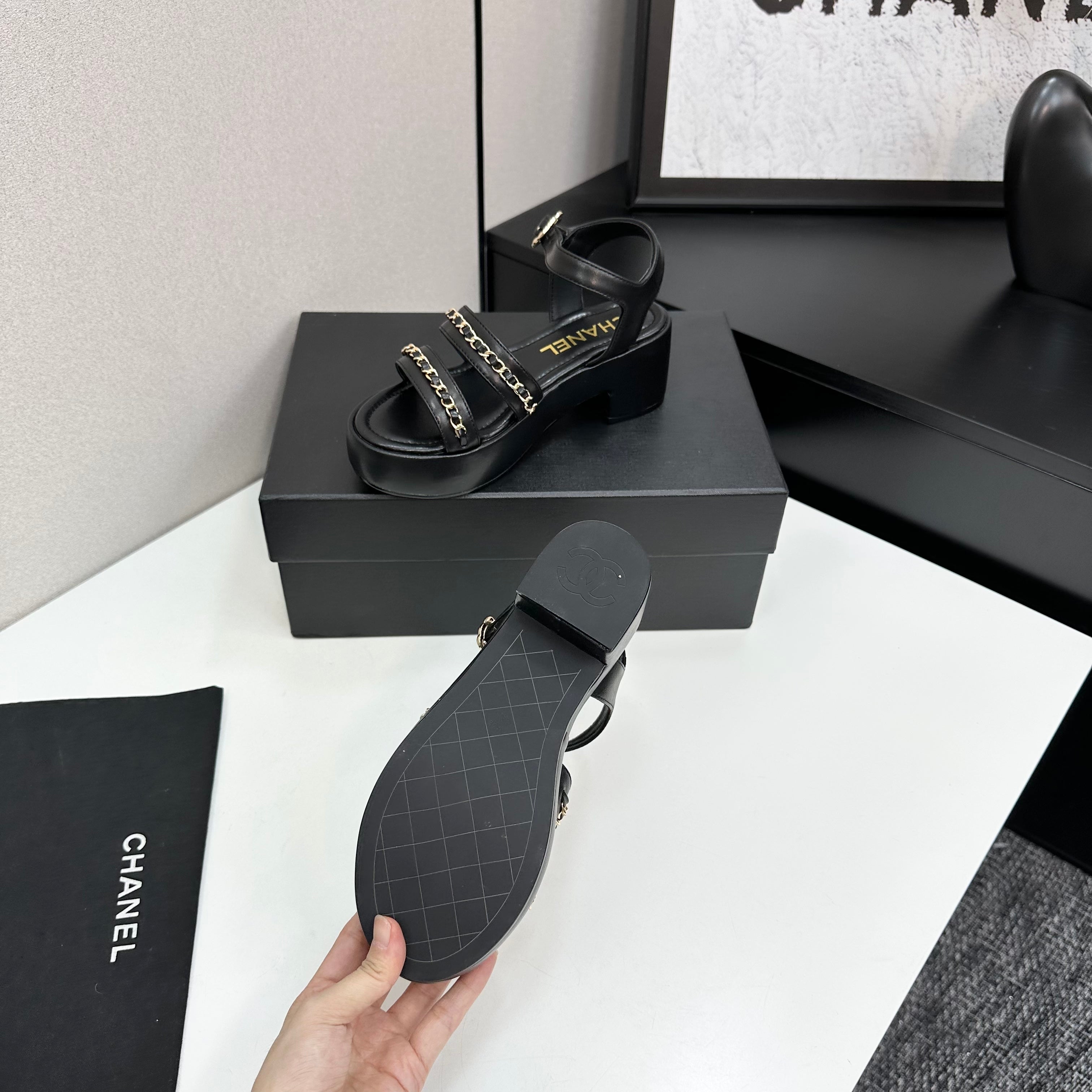 CC 25FW Platform Sandals 6cm Heel Black Calfskin