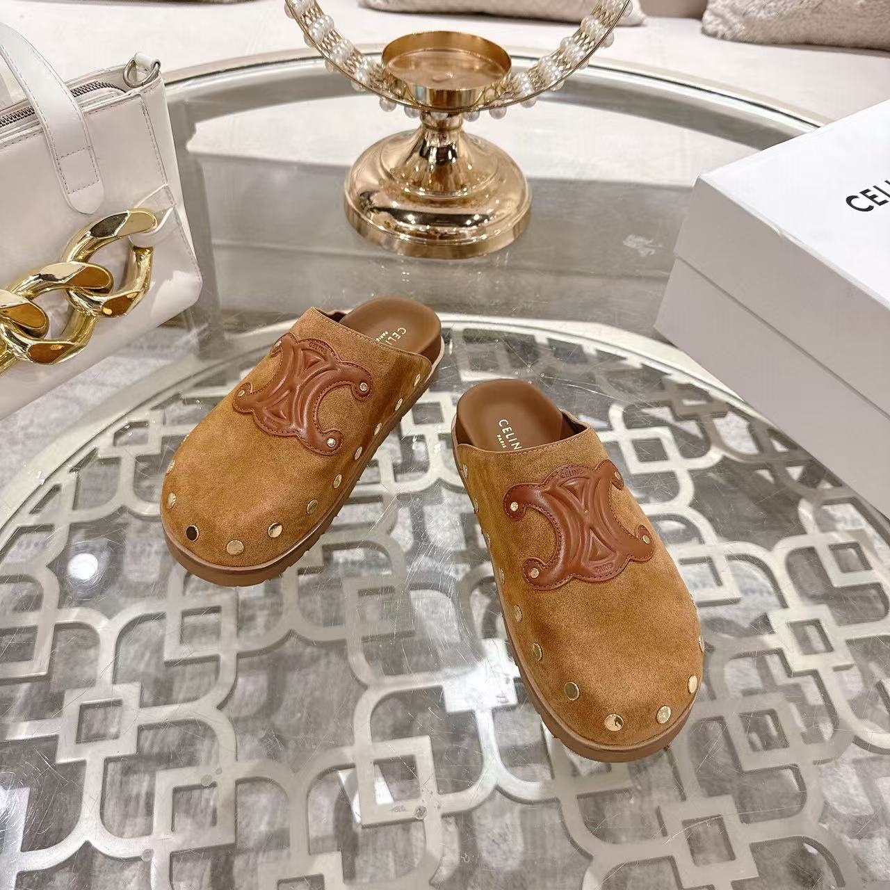 Celine 25 Rivet Birkenstock Slippers Brown Suede