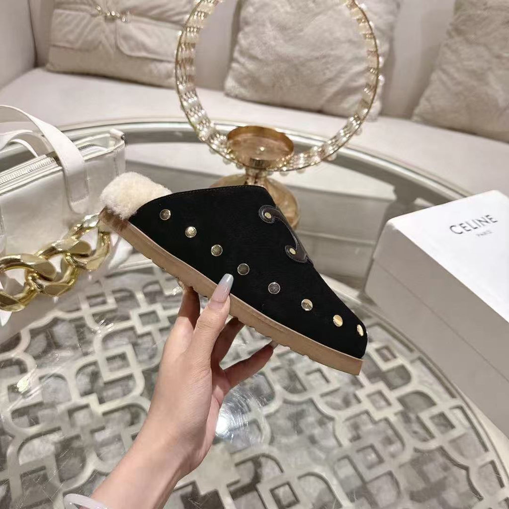 Celine 25 Rivet Birkenstock Slippers Black Suede Shearling