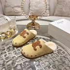 Celine 25 Rivet Birkenstock Slippers Beige Suede Shearling