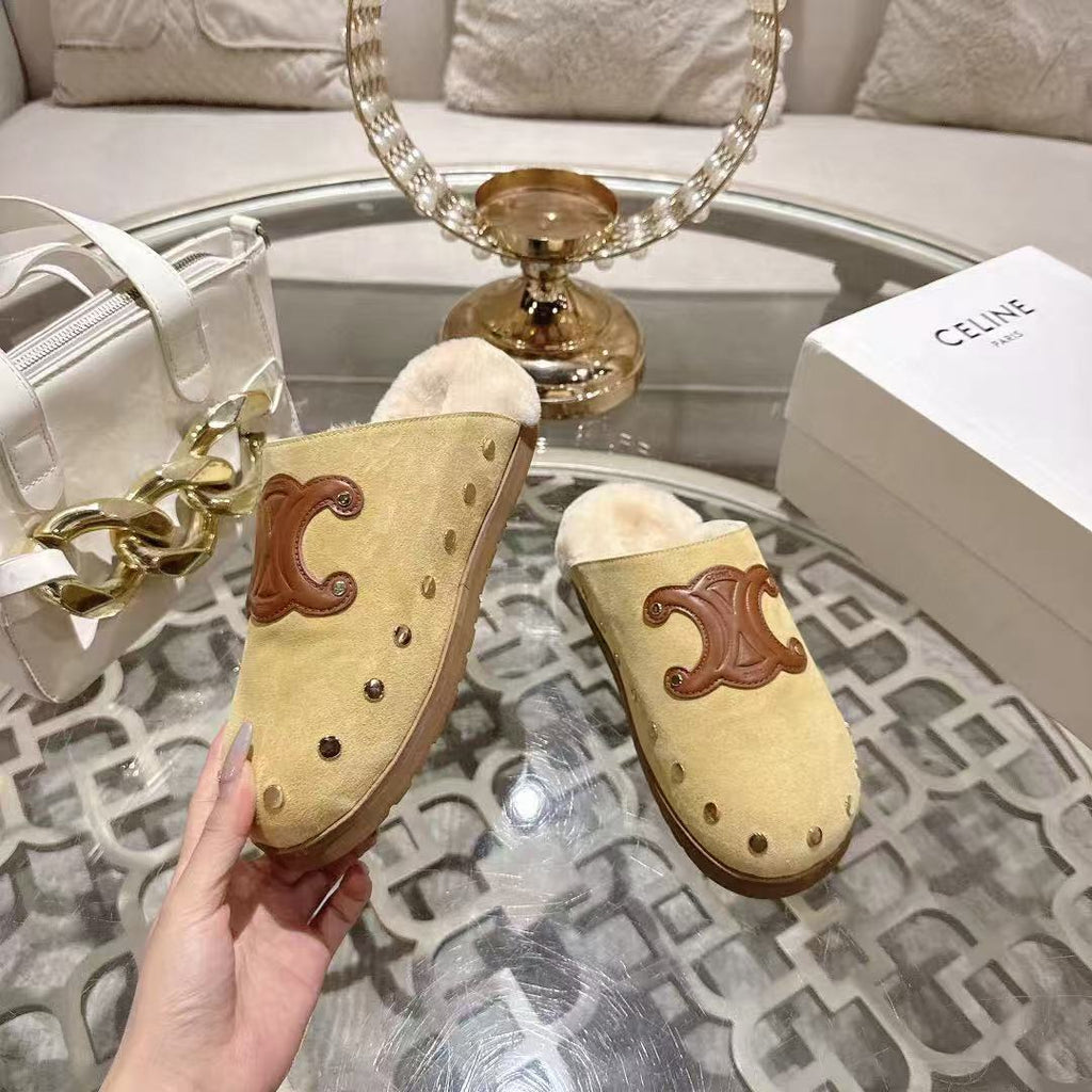 Celine 25 Rivet Birkenstock Slippers Beige Suede Shearling