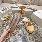 Celine 25 Rivet Birkenstock Slippers Beige Suede Shearling