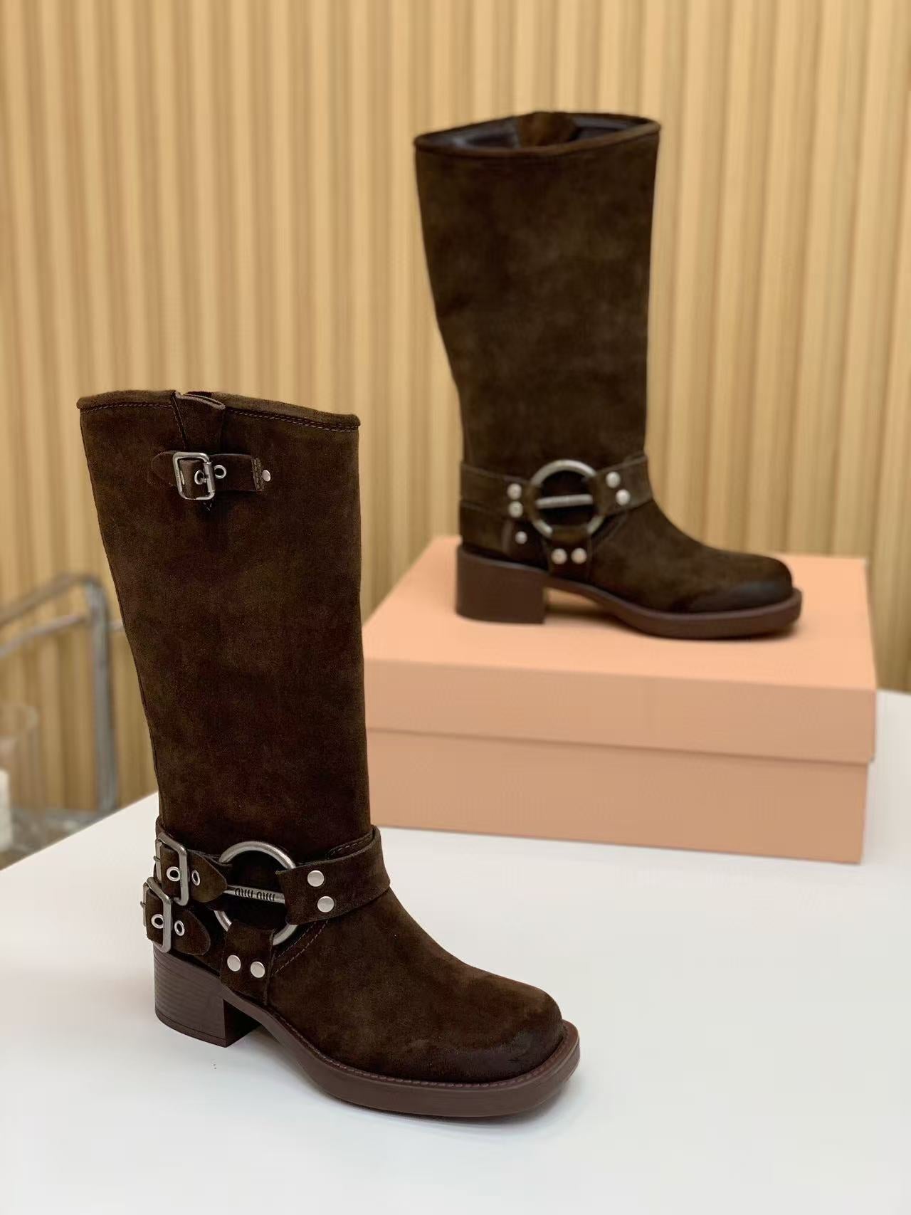 Miu Miu Biker High-Length Boots Brown Suede