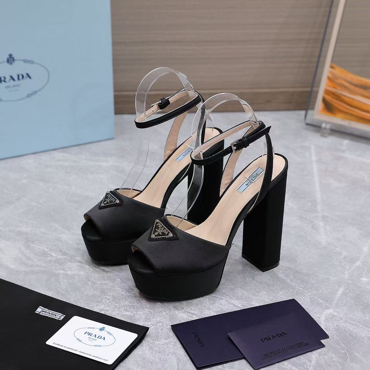 Prada Platform Slingback Sandals 15cm High Heel Black Cowhide
