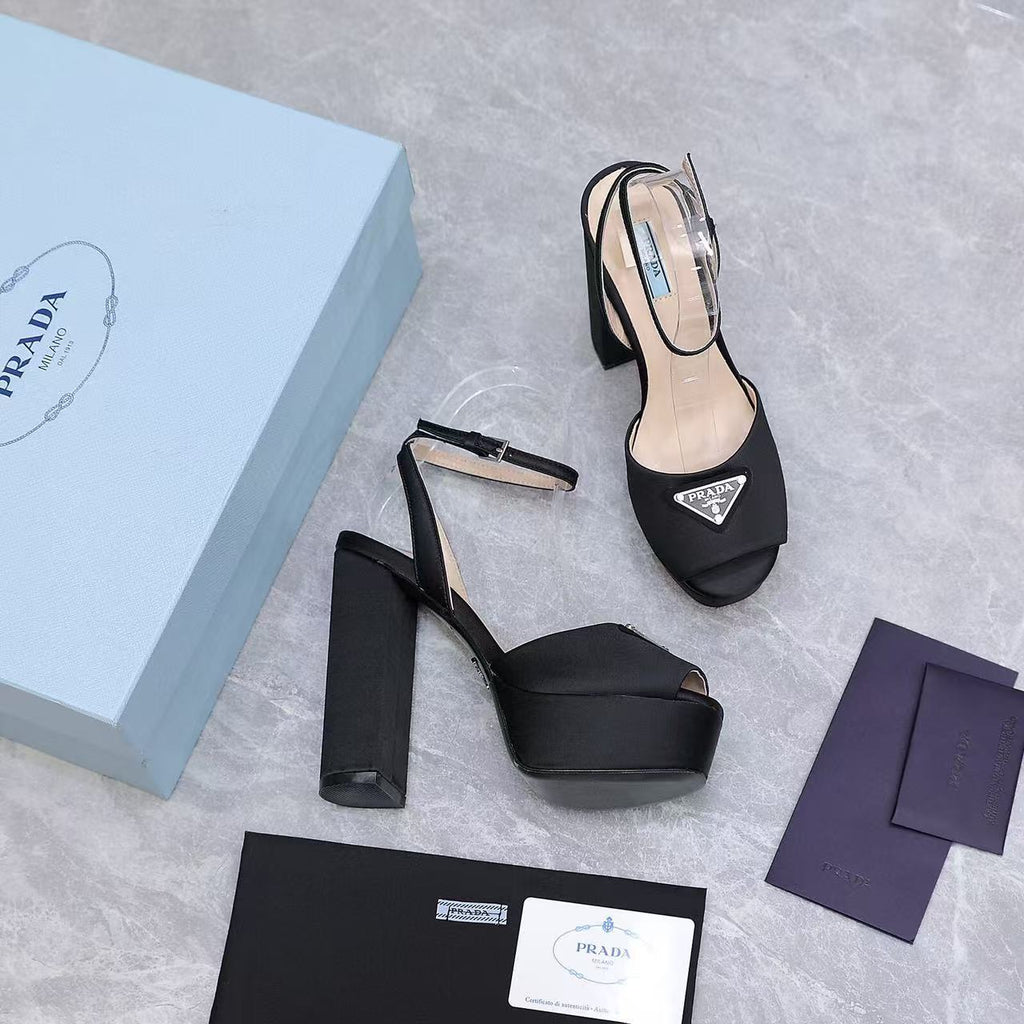 Prada Platform Slingback Sandals 15cm High Heel Black Cowhide