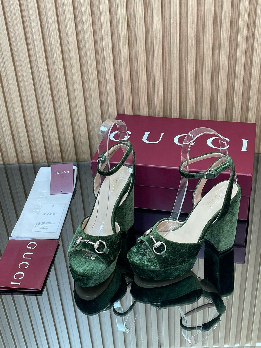 GG Horsebit Platform Sandals 15cm High Heel Green Velvet
