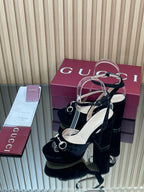 GG Horsebit Platform Sandals 15cm High Heel Black Velvet