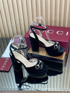 GG Horsebit Platform Sandals 15cm High Heel Black Velvet