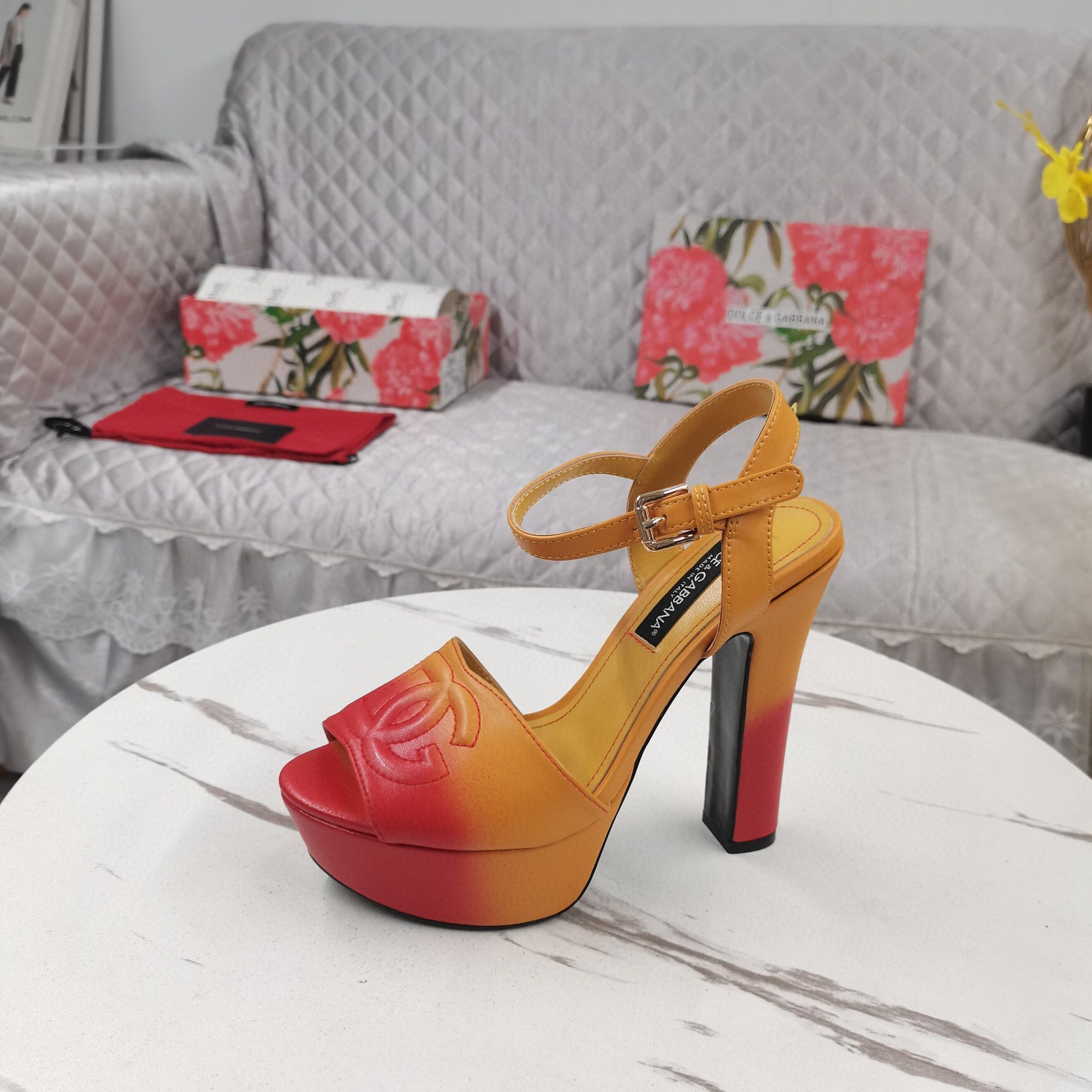 DG Platform Sandals 135mm High Heel Orange Red Cowhide