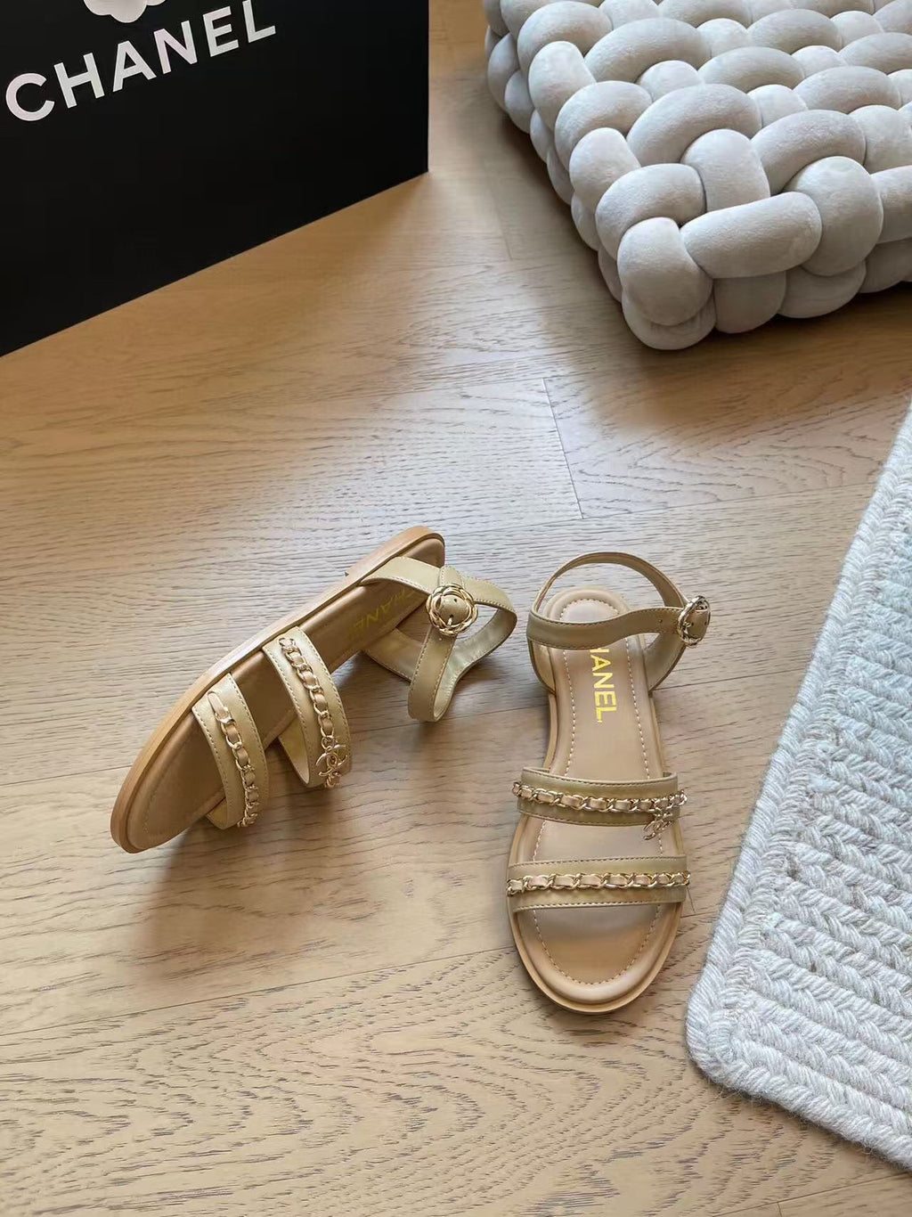 CC 25 Gold Chain Strappy Sandals Apricot Cowhide