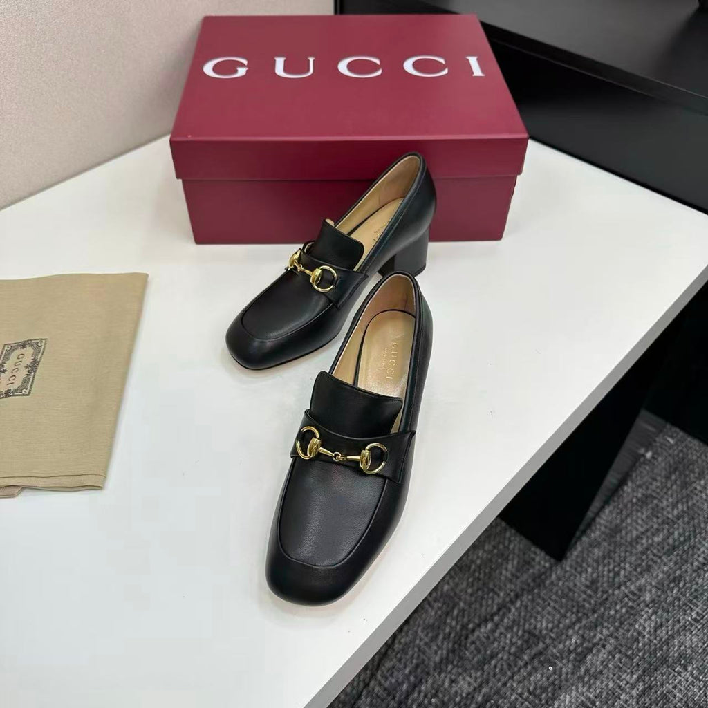 Gucci 2025 Lady Horsebit Loafer Pump Black Gold Leather