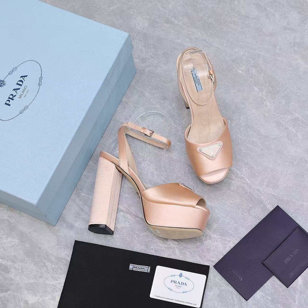 Prada Platforms 130mm High Heel Nude Silk Sandals