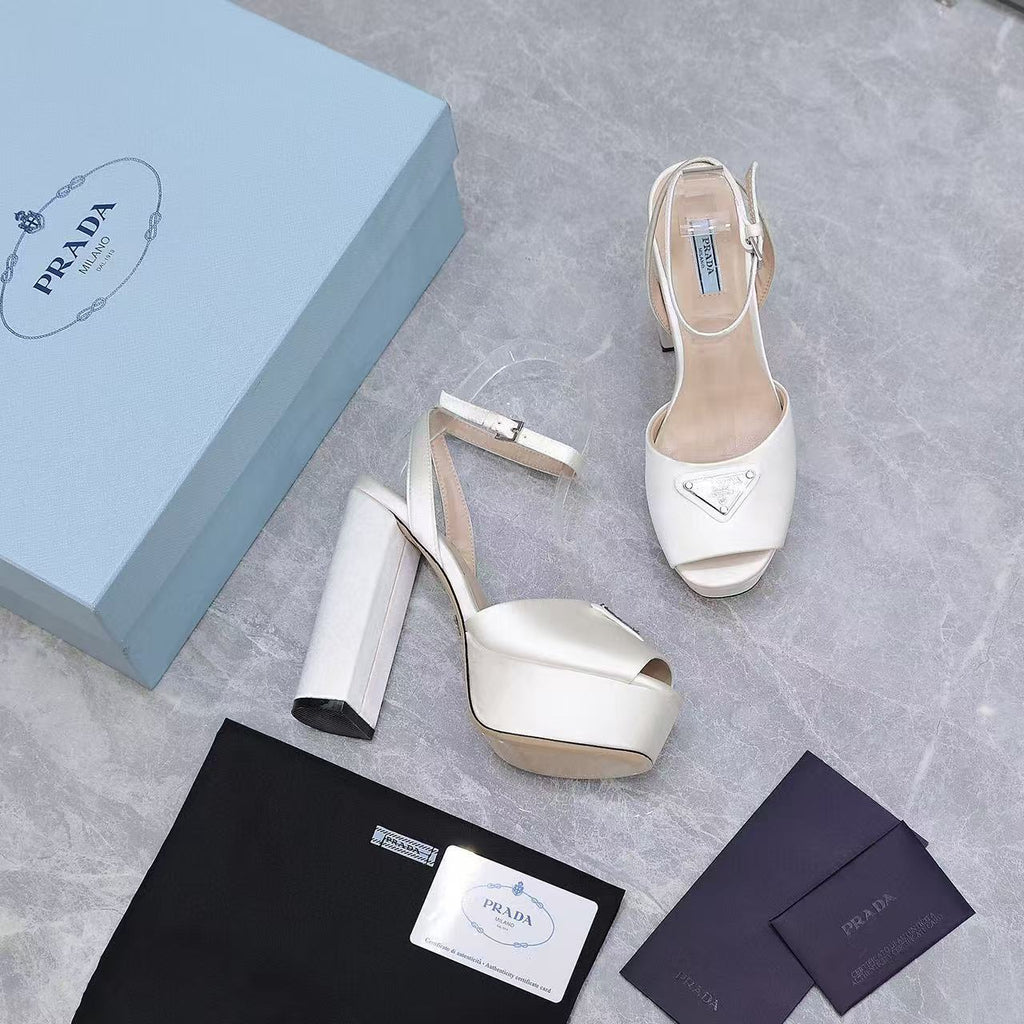 Prada Platforms 130mm High Heel White Silk Sandals