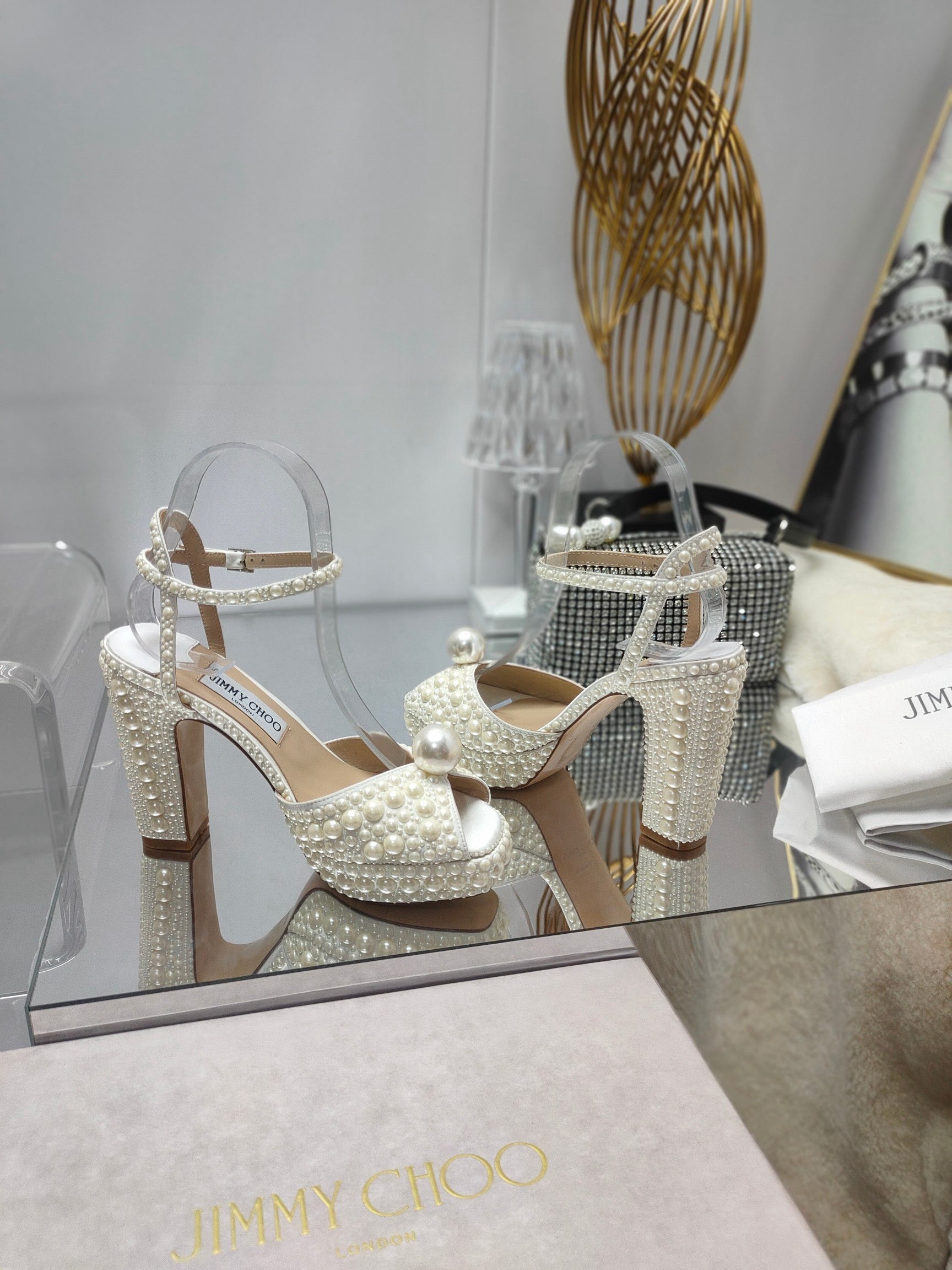 Jimmy Choo Platform Heel 115mm Sandals Ivory Pearls Silk