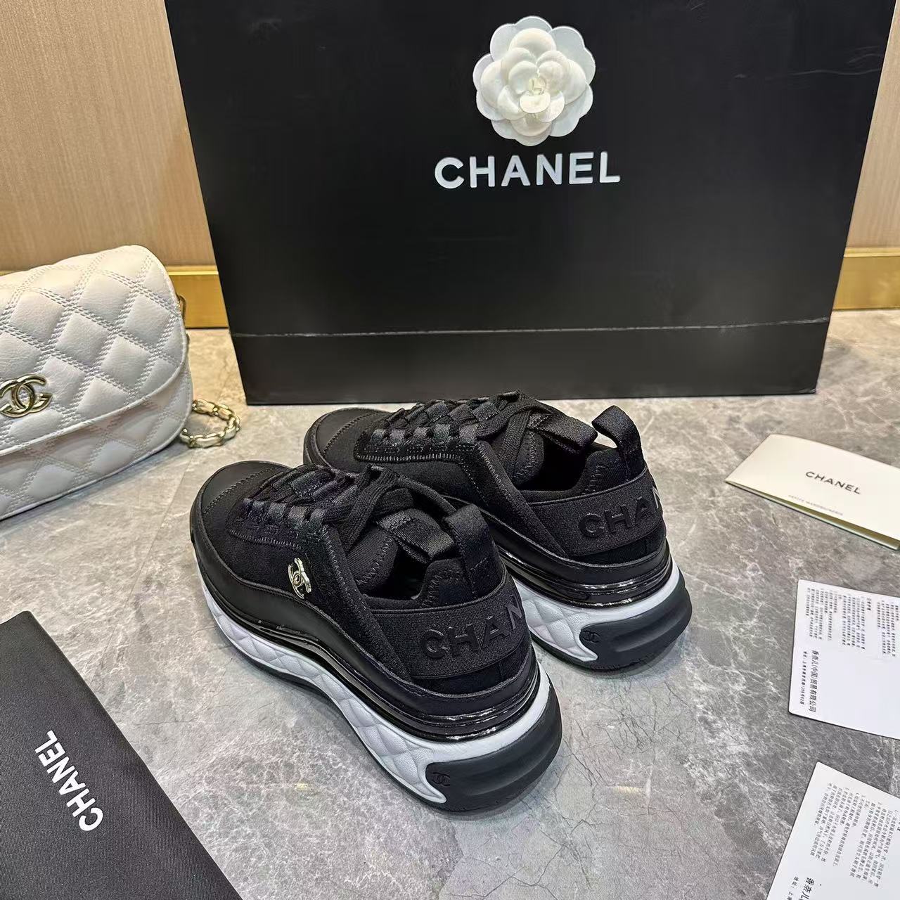 CC Low Top Sneakers Black White Mesh Splicing Cowhide