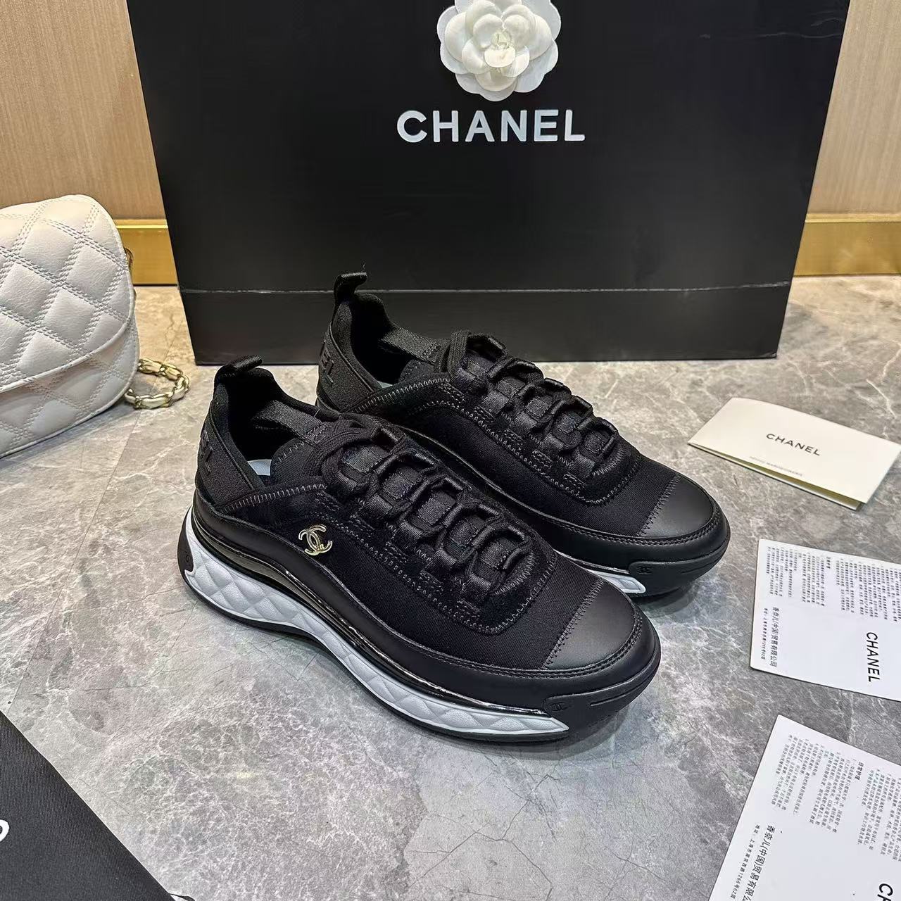 CC Low Top Sneakers Black White Mesh Splicing Cowhide