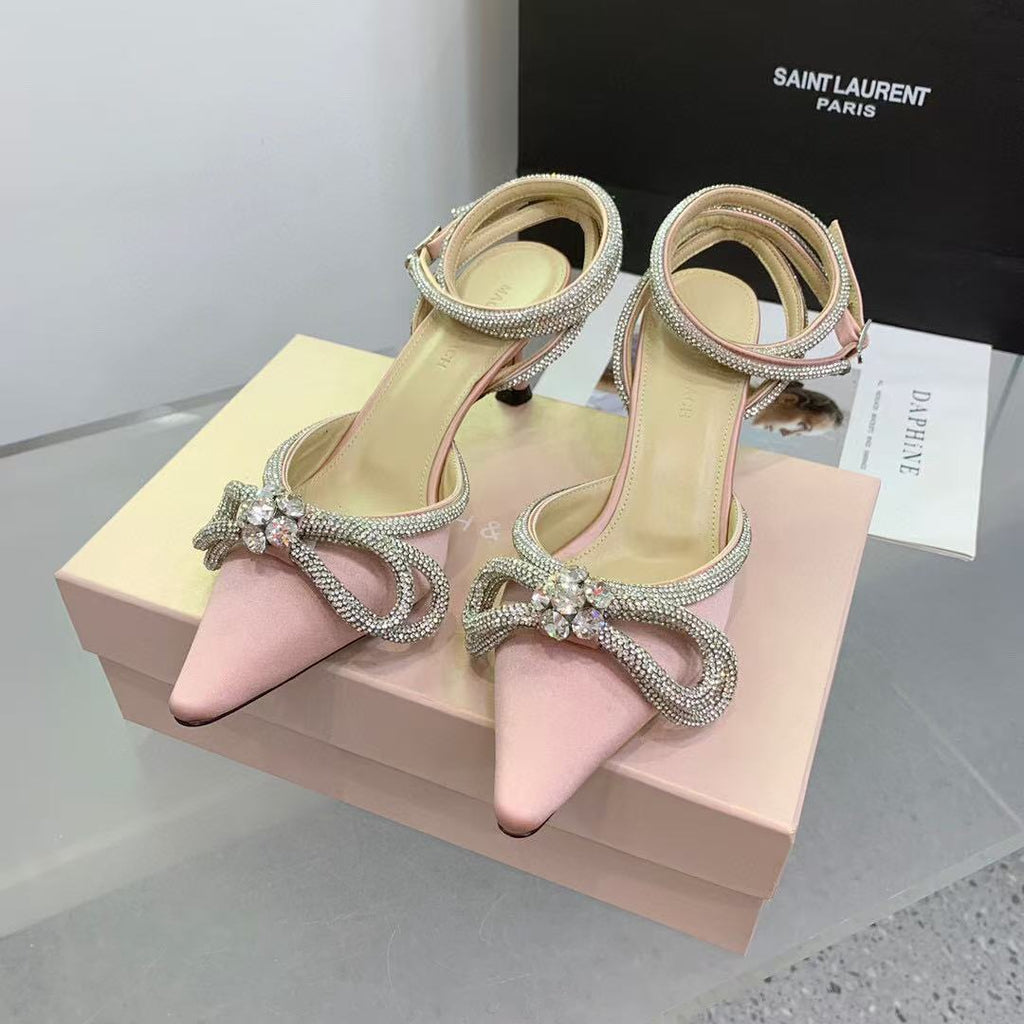 Mach & Mach Rhinestone Double Bow 65mm Sandals Pink Silk