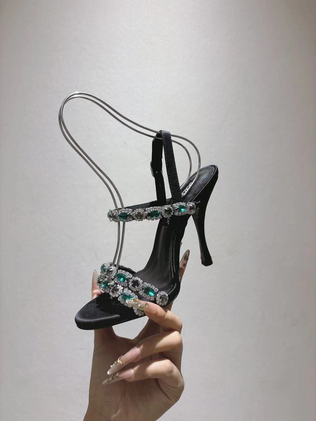 DG Sandals 10cm High Heel Green Crystal Embellished Black Silk