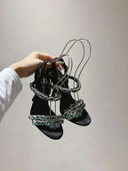 DG Sandals 10cm High Heel Green Crystal Embellished Black Silk